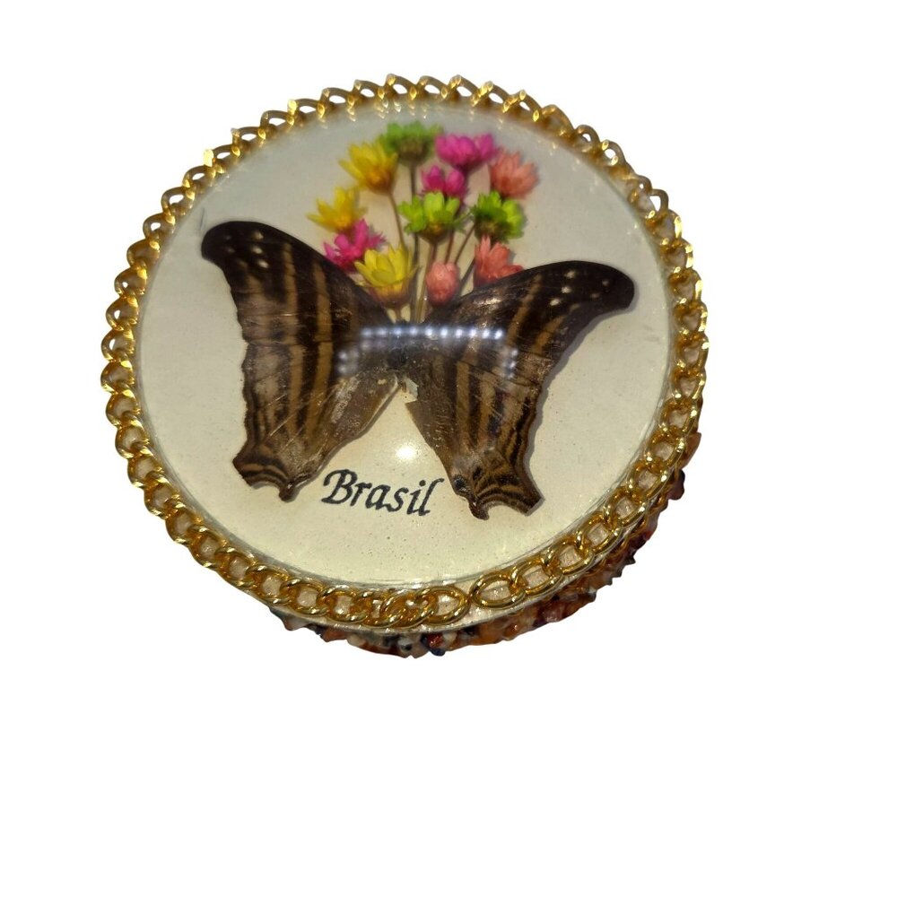 Decorative Round  Beveled Trinket Box Butterfly Flowers Design From Brasil